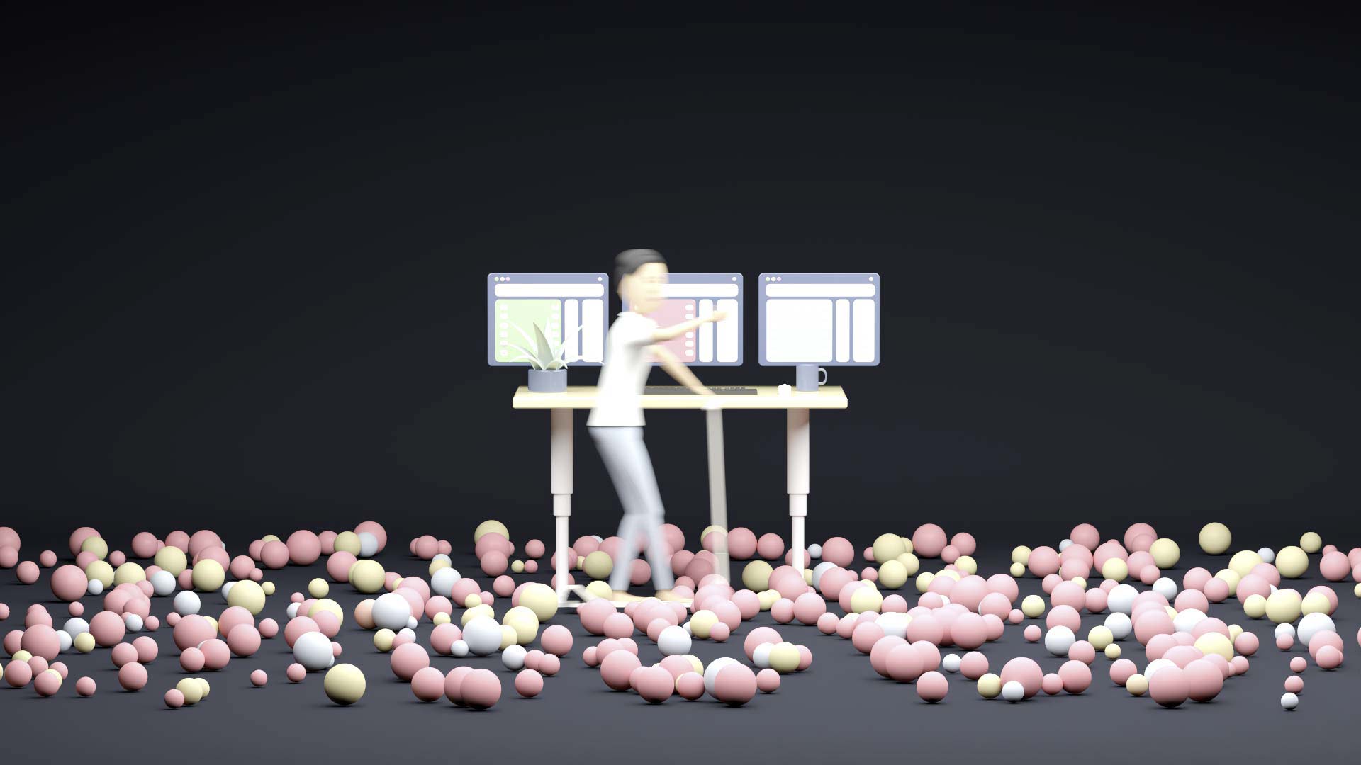 A co-worker enters the workspace represented by a height-adjustable desktop. The co-worker uses an e-scooter. In the room, there are numerous rolling balls representing itesign-developed apps.
